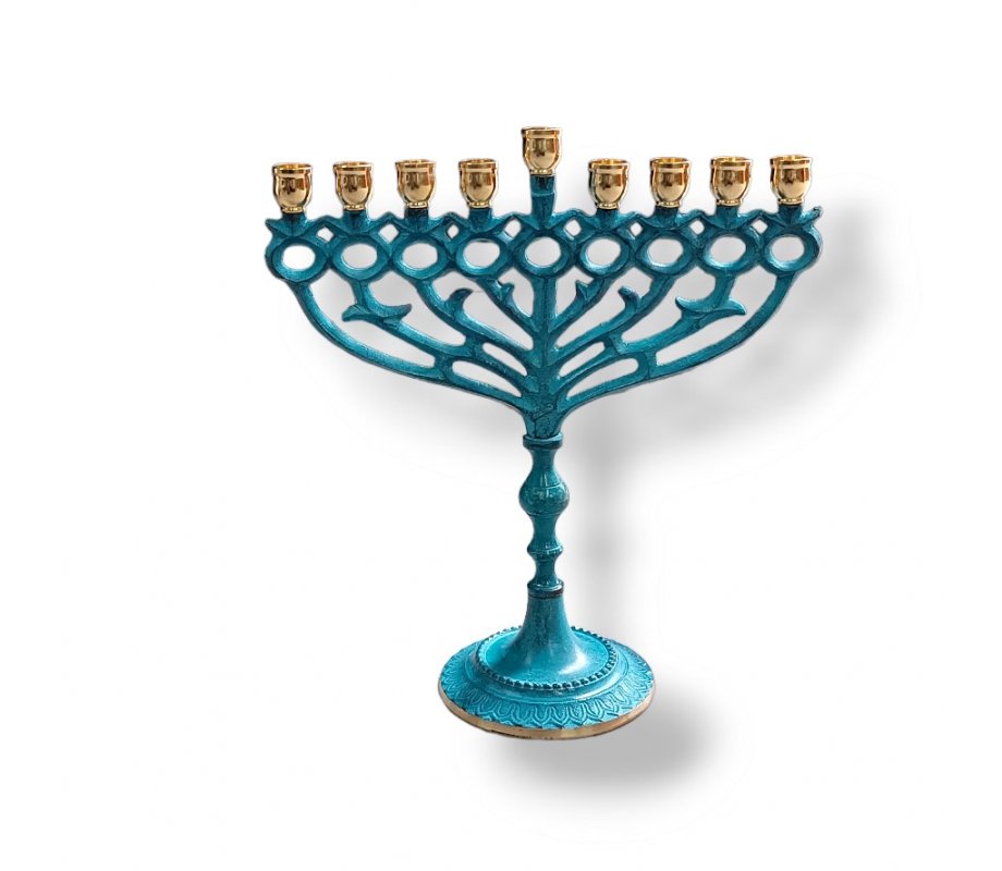 Patina Chanukah Menorah with Pomegranate and Leaf Design, for Candles - 10 Inch