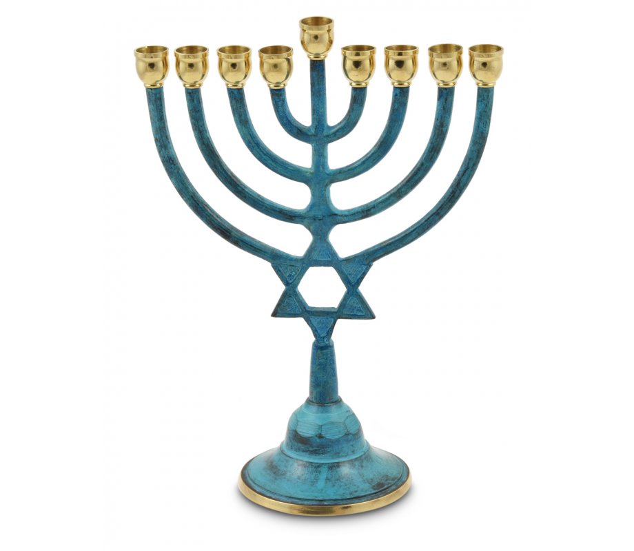 Patina and Gold Chanukah Menorah with Star of David, For Candles - 9 Inches