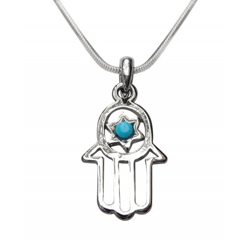 Pendant Necklace, Open Hamsa with Blue Stone in Star of David