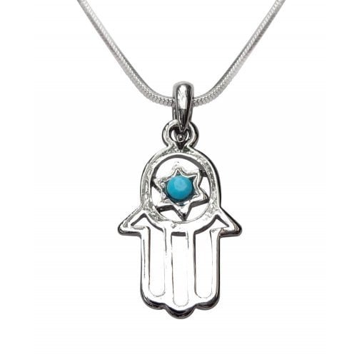 Pendant Necklace, Open Hamsa with Blue Stone in Star of David