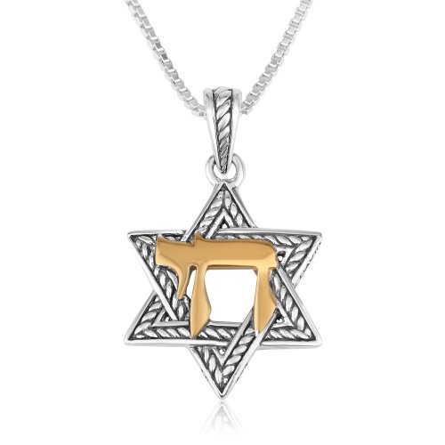 Pendant Necklace, Star of David and Chai - Textured Sterling Silver and Gold Plate