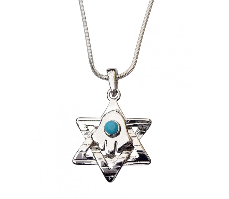 Pendant Necklace Star of David with Hamsa and Blue Stone