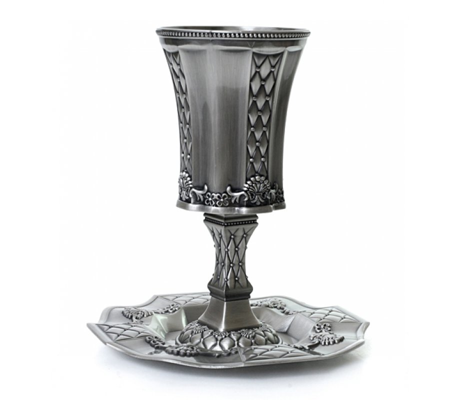 Pewter Kiddush Cup And Tray with Floral Diamonds Design