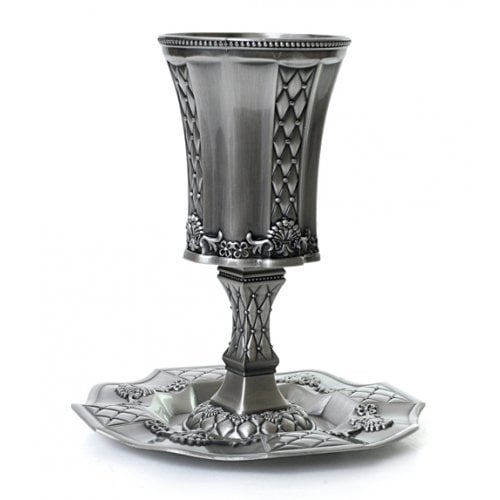 Pewter Kiddush Cup on Stem with Tray - Diamond and Engraved Design