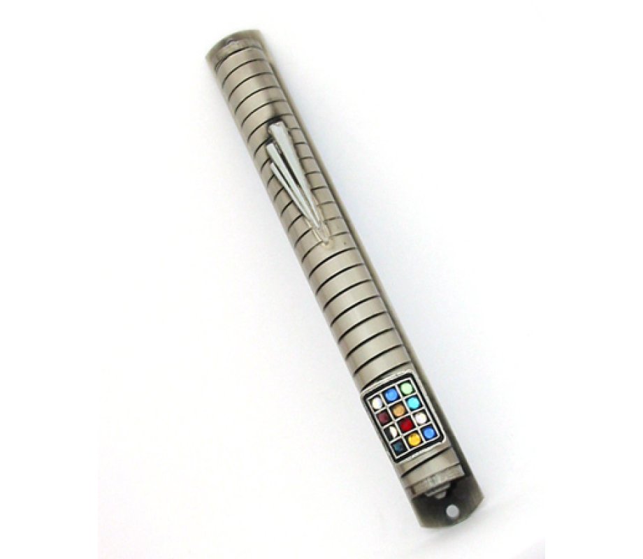 Pewter Mezuzah Case - Colorful Twelve Tribe Breastplate and Large Shin