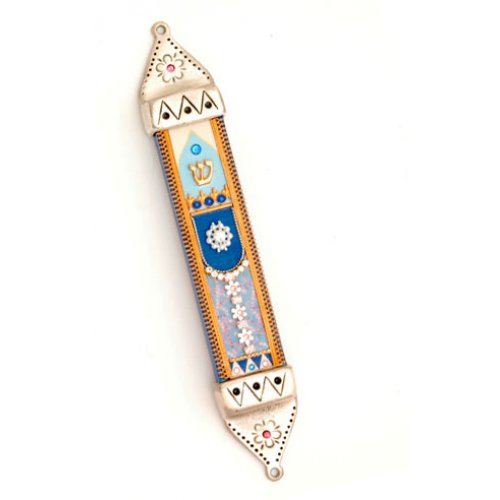 Pewter Mezuzah Case in Blue, Purple and Orange - Ester Shahaf