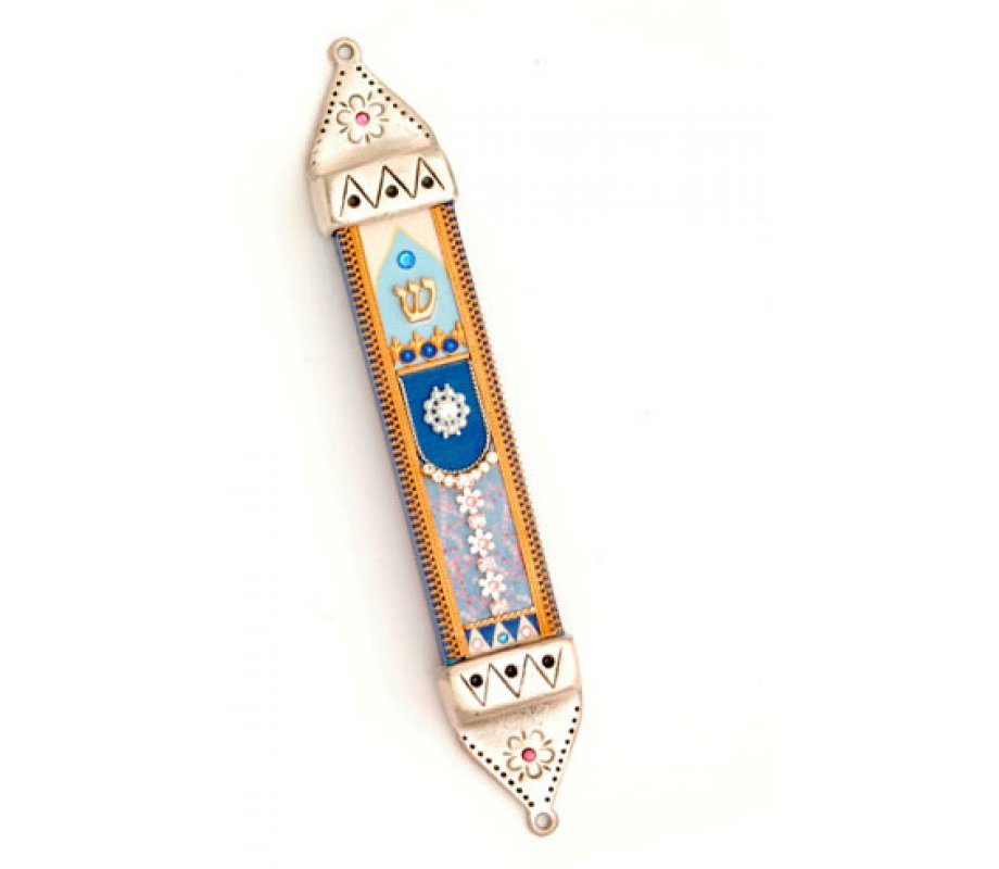 Pewter Mezuzah Case in Blue, Purple and Orange - Ester Shahaf