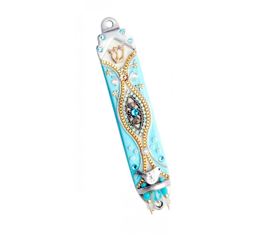 Pewter Mezuzah Light Blue by Ester Shahaf | aJudaica.com