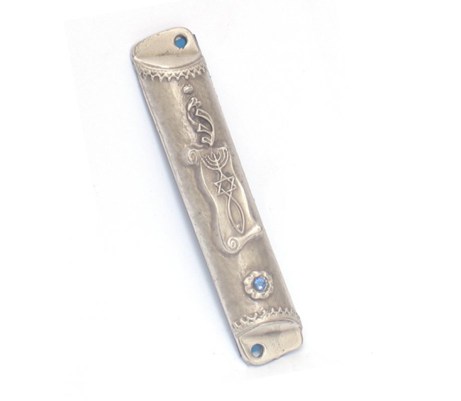 Pewter Plated Mezuzah Case - Judaic and Fish Symbols with Blue Stone