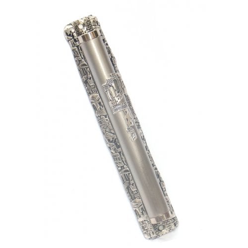 Pewter Plated Rounded Mezuzah Case - Jerusalem Design Frame