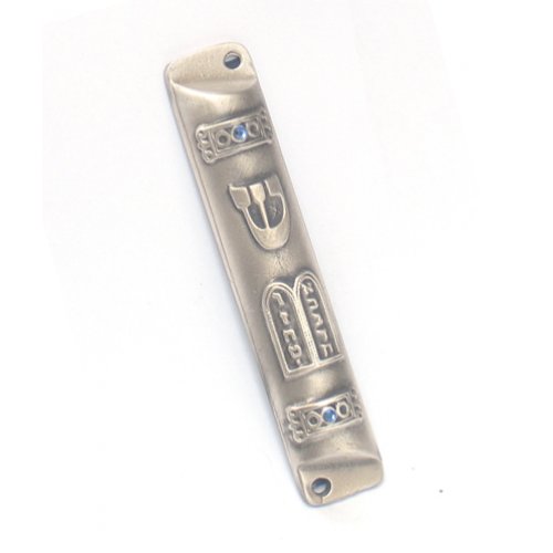 Pewter Plated Rounded Mezuzah Case - Ten Commandments Tablet with Blue Stones