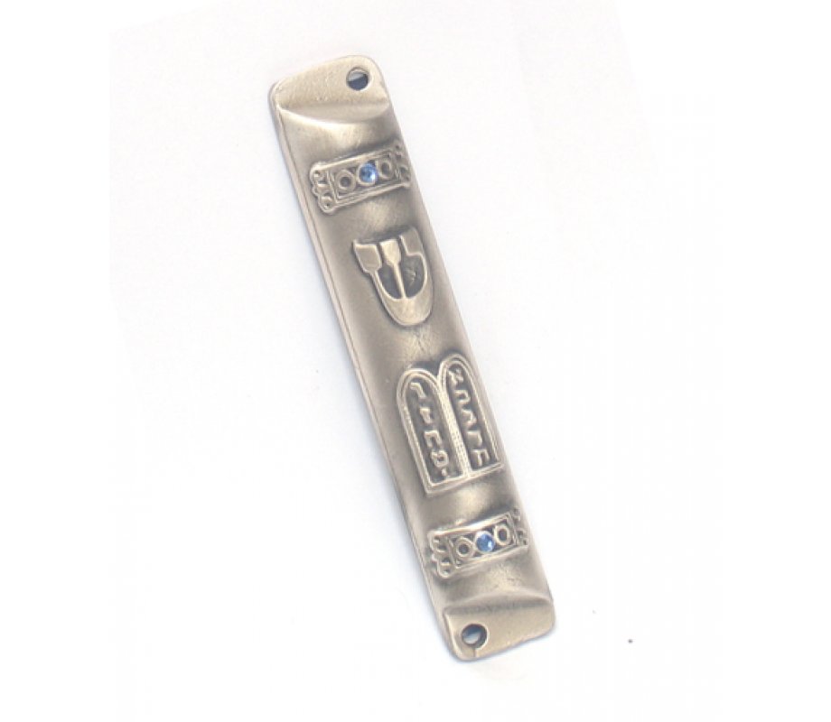 Pewter Plated Rounded Mezuzah Case - Ten Commandments Tablet with Blue Stones