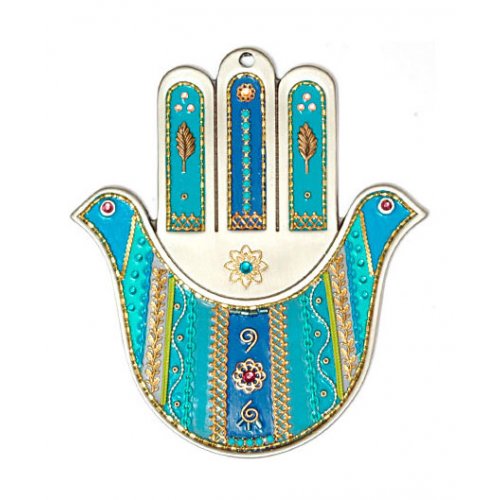 Pewter Wall Hamsa by Ester Shahaf - Turquoise Doves