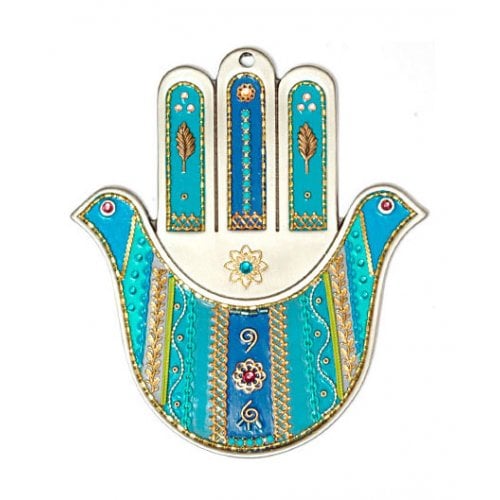 Pewter Wall Hamsa by Ester Shahaf - Turquoise Doves | aJudaica.com