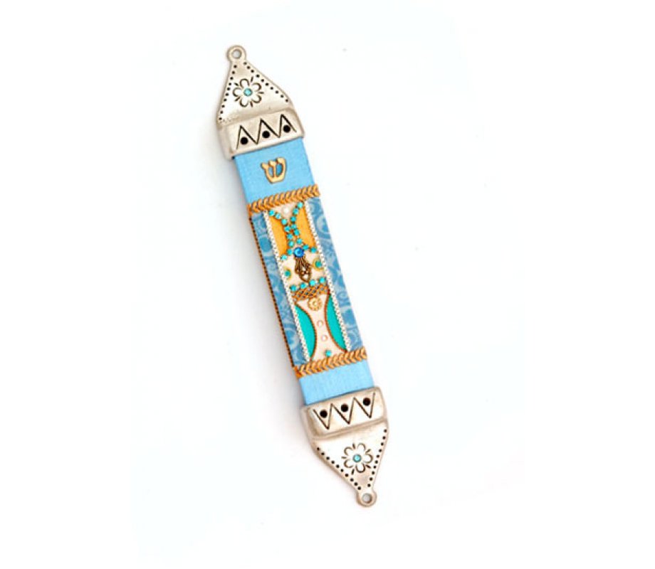 Pewter and Wood Mezuzah Case in Light Blue - Ester Shahaf