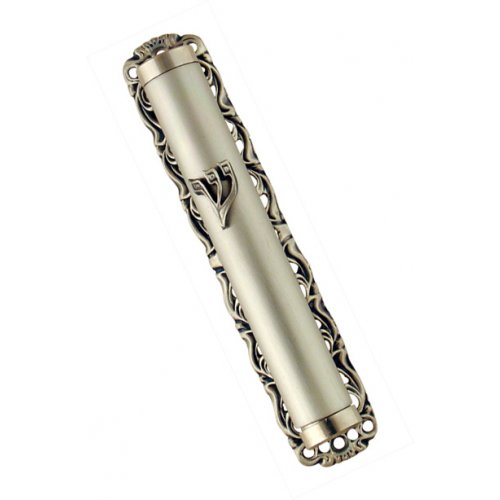 Pewter-Plated Smooth Mezuzah Case in Ornate Frame - Silver