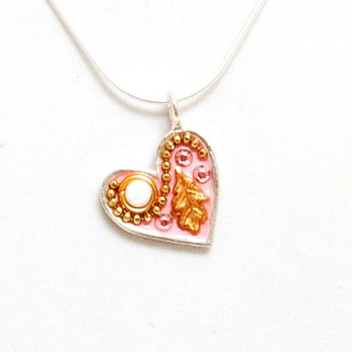 Pink Heart Necklace with Leaf by Ester Shahaf