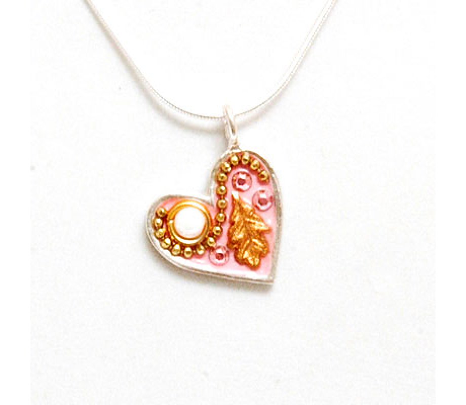 Pink Heart Necklace with Leaf by Ester Shahaf