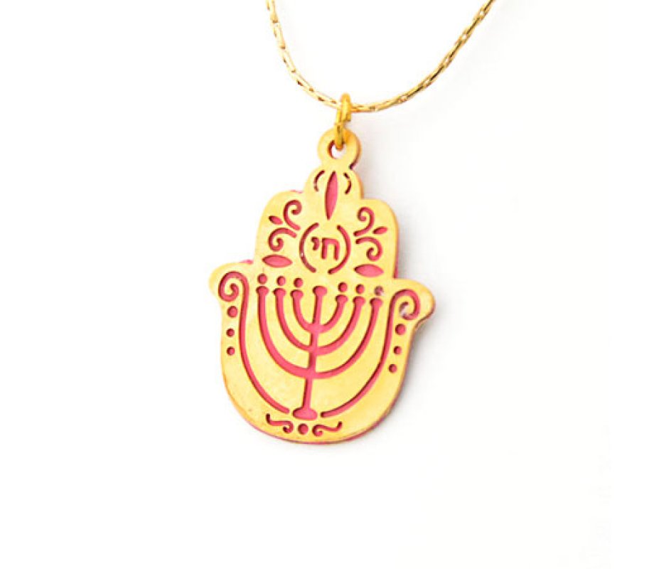 Pink Menorah Hamsa Necklace by Ester Shahaf