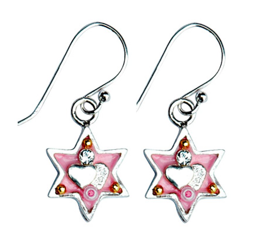 Pink Star of David Earrings with heart by Ester Shahaf