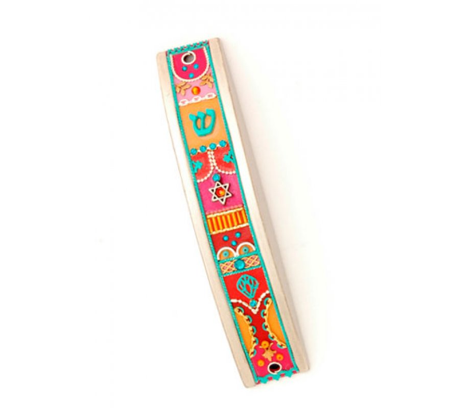 Pink and Red Curved Pewter Mezuzah - Ester Shahaf