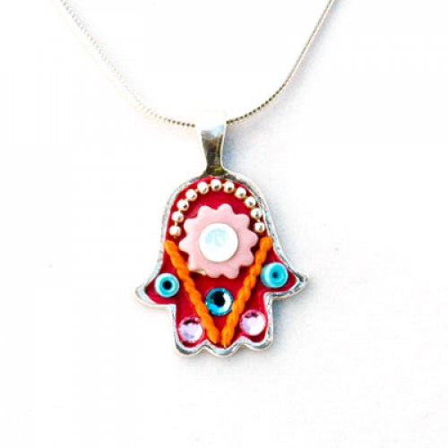 Pink-Red Flower Hamsa Necklace by Ester Shahaf