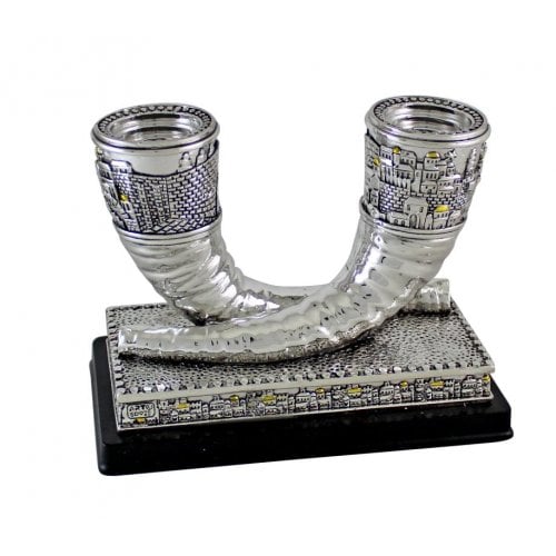 Polyresin Silver Candlesticks - Shofar Shapes on Stand