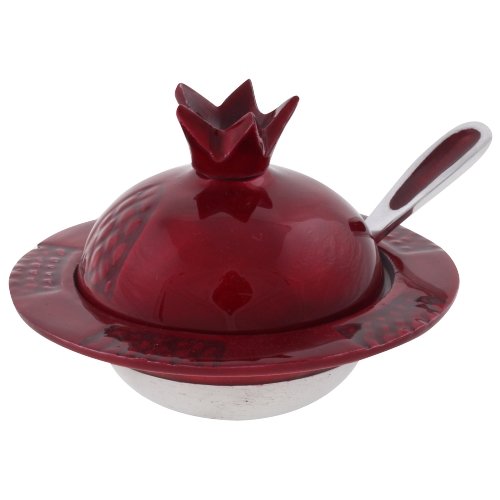 Pomegranate Honey Dish with Lid and Spoon - Maroon and Silver