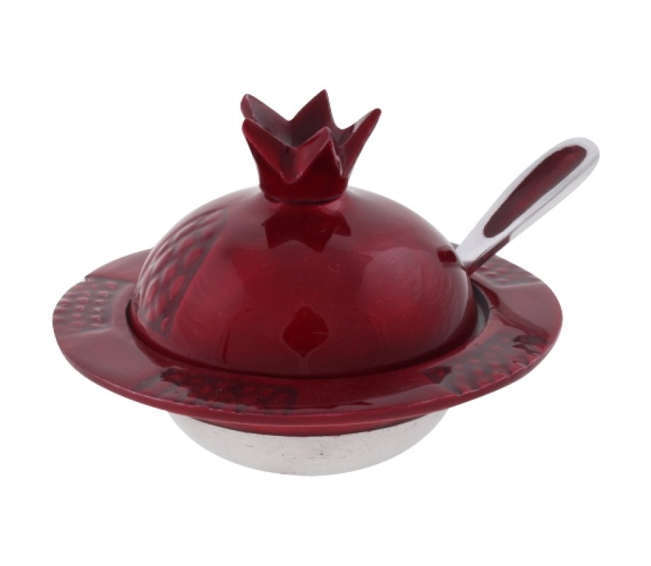 Pomegranate Honey Dish with Lid and Spoon - Maroon and Silver