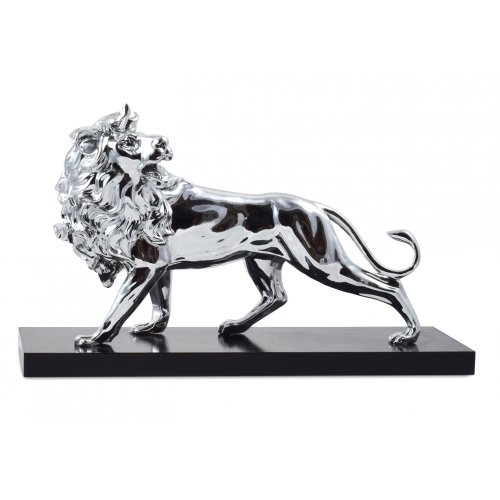 Powerful Lion of Judah Figurine on Wood Base - Silver Plated