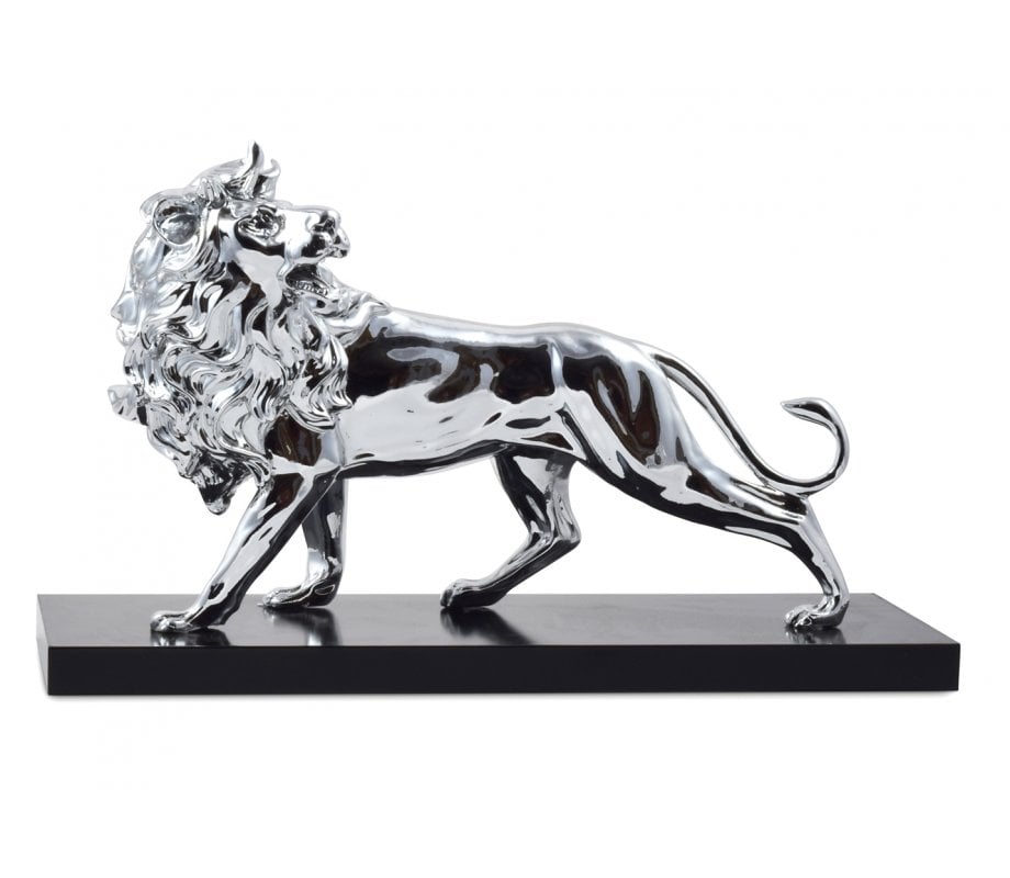 Powerful Lion of Judah Figurine on Wood Base - Silver Plated