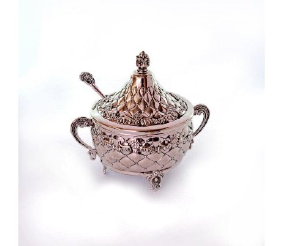 Raised Honey Dish with Diamond Design, Dome Lid - Decorative Spoon