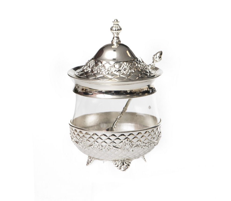 Raised Silver Metal Honey Dish with Diamond Design and Glass Body, Lid and Spoon