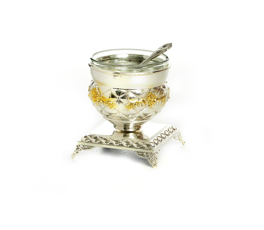 Raised Silver Plated Salt Dish with Gold Elements with Teaspoon