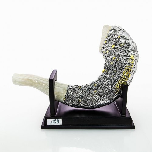 Rams Horn Replica on Stand - Silver Plated with Gold Tints and Jerusalem Images