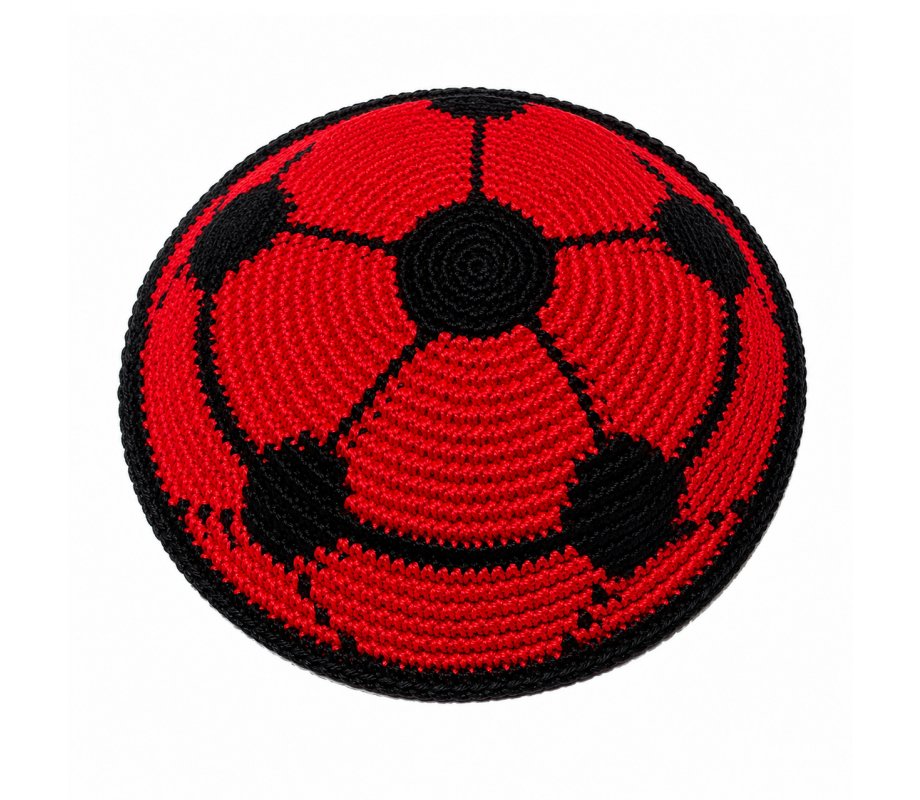 Red DMC Knitted Kippah - Soccer Ball Design