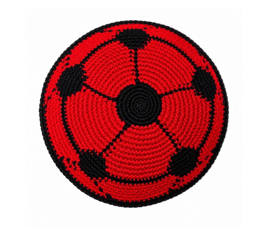 Red DMC Knitted Kippah - Soccer Ball Design