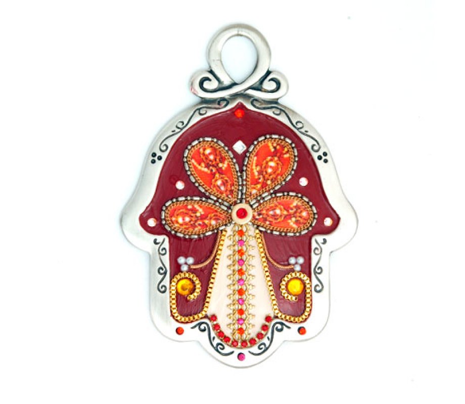 Red Flower Design Wall Hamsa by Ester Shahaf