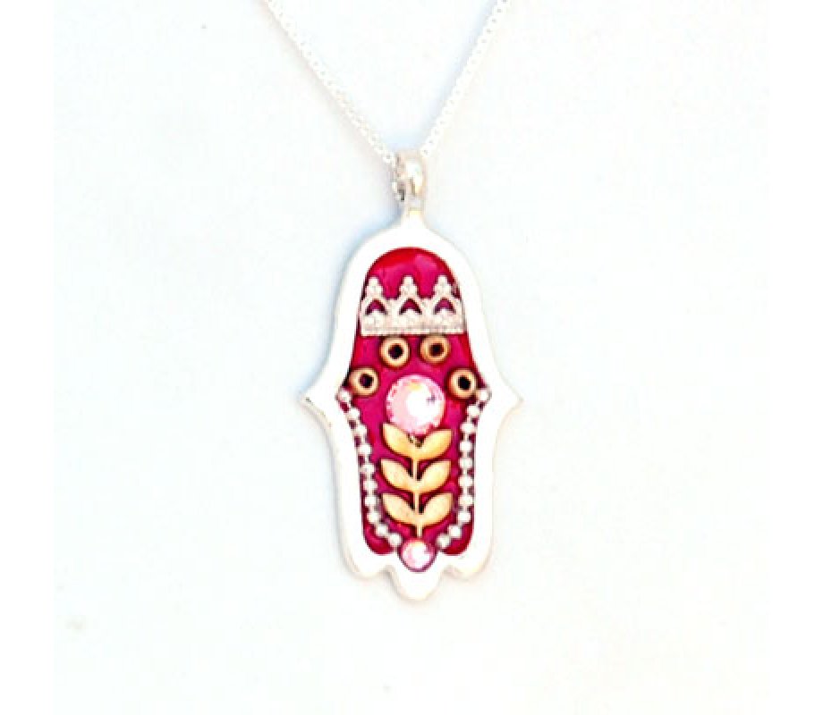 Red Flower Hamsa Necklace by Ester Shahaf
