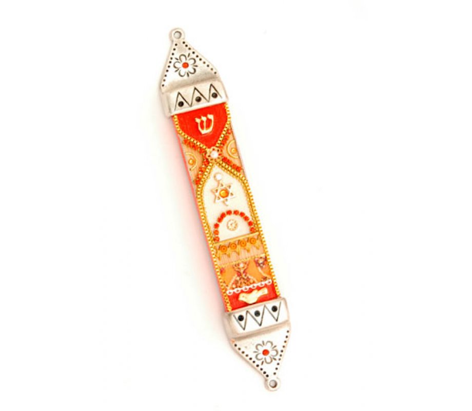 Red and Orange Pewter Mezuzah - Ester Shahaf