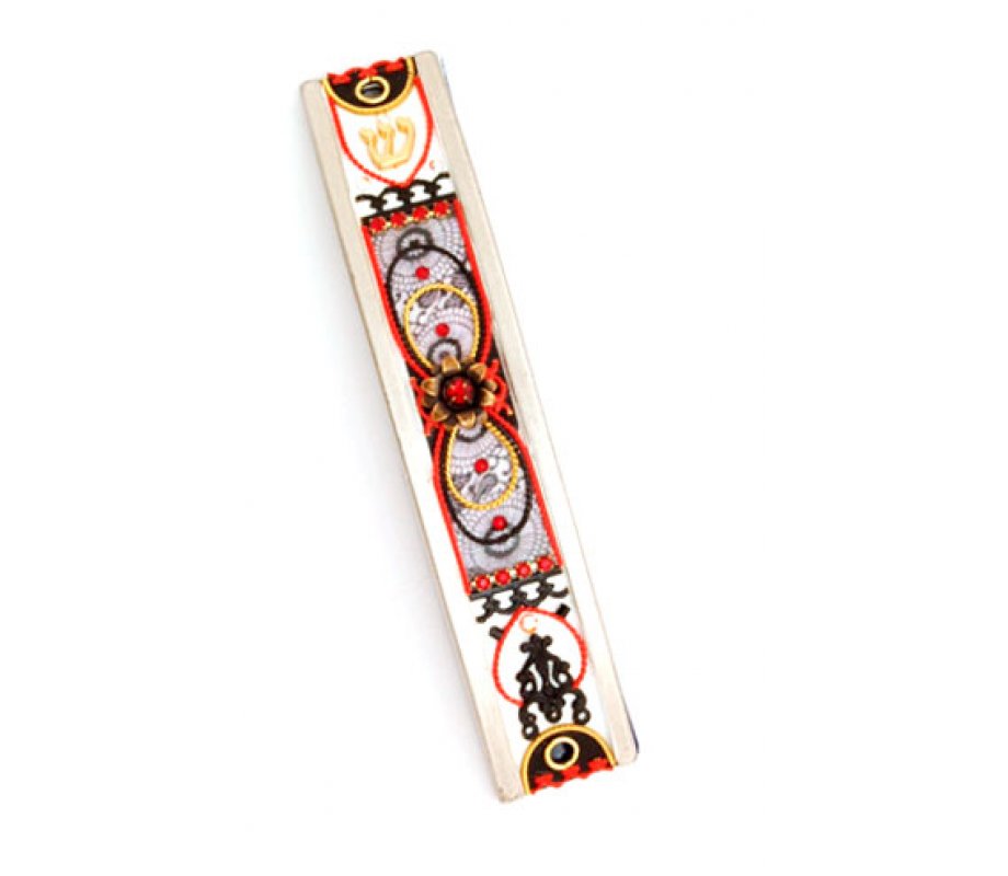 Red-Black Curved Pewter Mezuzah Case by Ester Shahaf