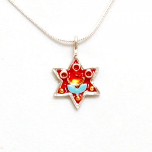 Red-Blue Flower Star of David Pendant - Shahaf