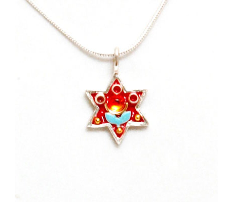 Red-Blue Flower Star of David Pendant - Shahaf