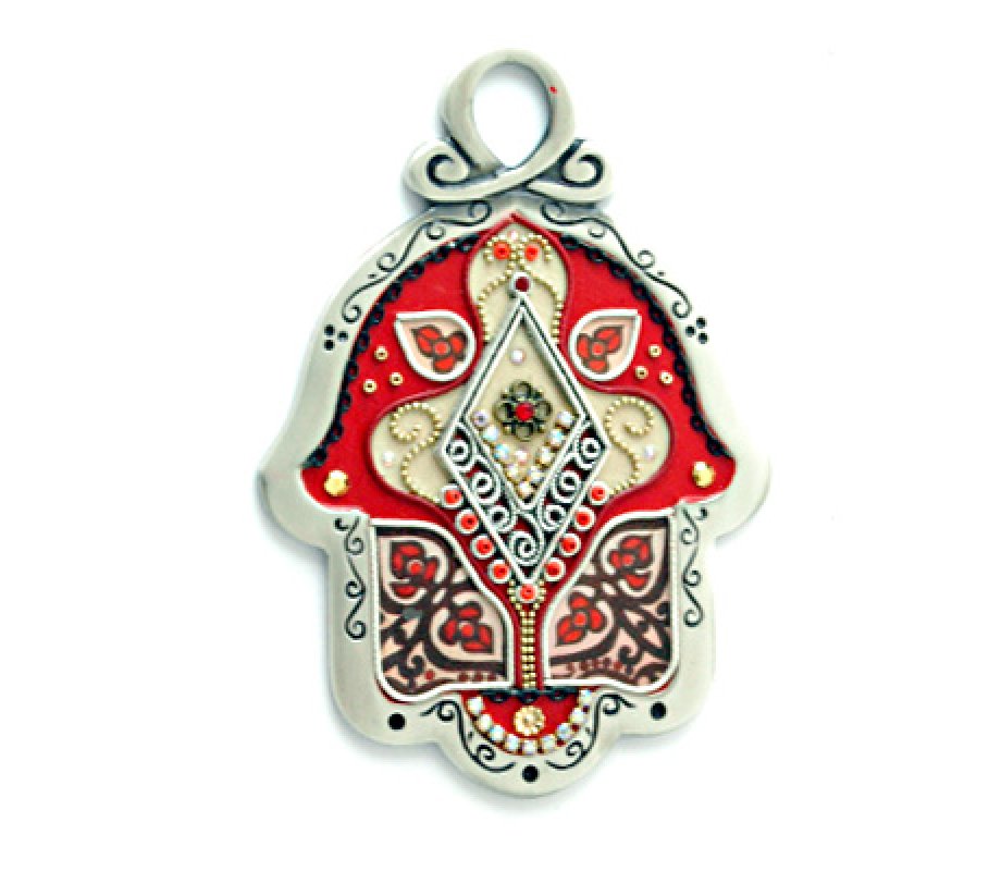 Red-Cream Flower Design Wall Hamsa by Ester Shahaf