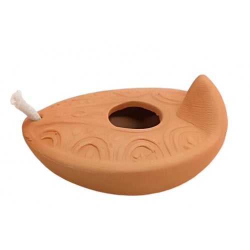 Replica of Ancient Biblical Clay Oil Lamp - Decorative Leaf Engravings