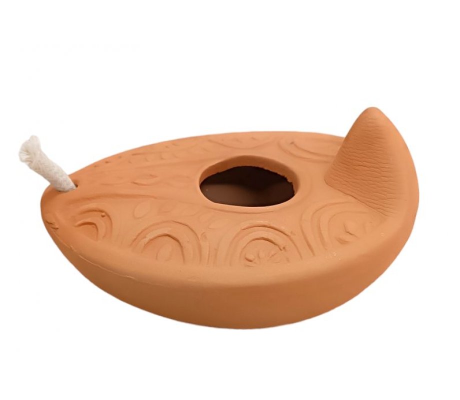 Replica of Ancient Biblical Clay Oil Lamp - Decorative Leaf Engravings