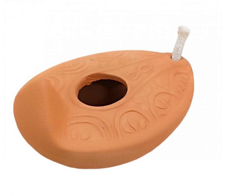 Replica of Ancient Biblical Clay Oil Lamp - Decorative Leaf Engravings