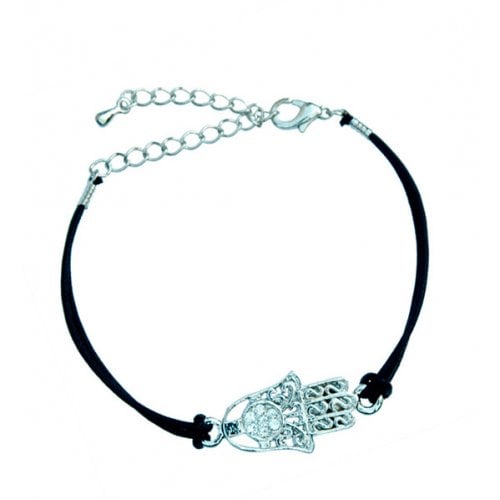 Rhodium Hamsa Bracelet on Leather Cord