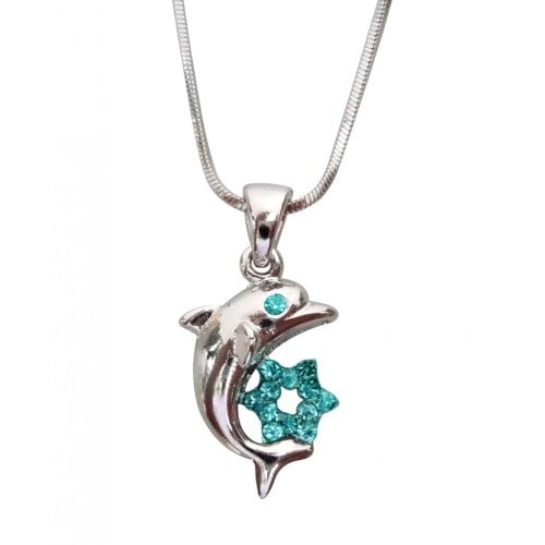 Rhodium Pendant Necklace - Dolphin with Gleaming Colored Star of David