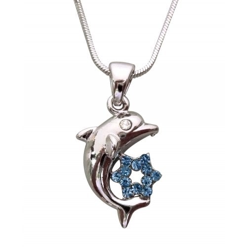 Rhodium Pendant Necklace - Dolphin with Gleaming Colored Star of David